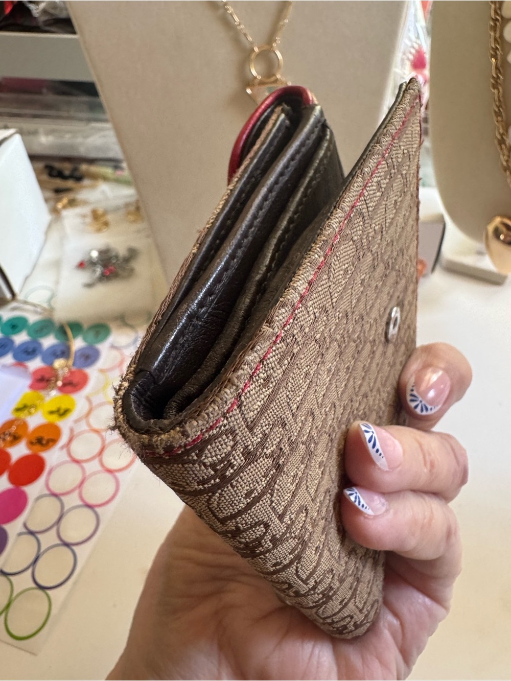 Dior Brown Monogram Canvas Tri fold Wallet with Red Trim and Green-Yellow Accent - Picture 8 of 13